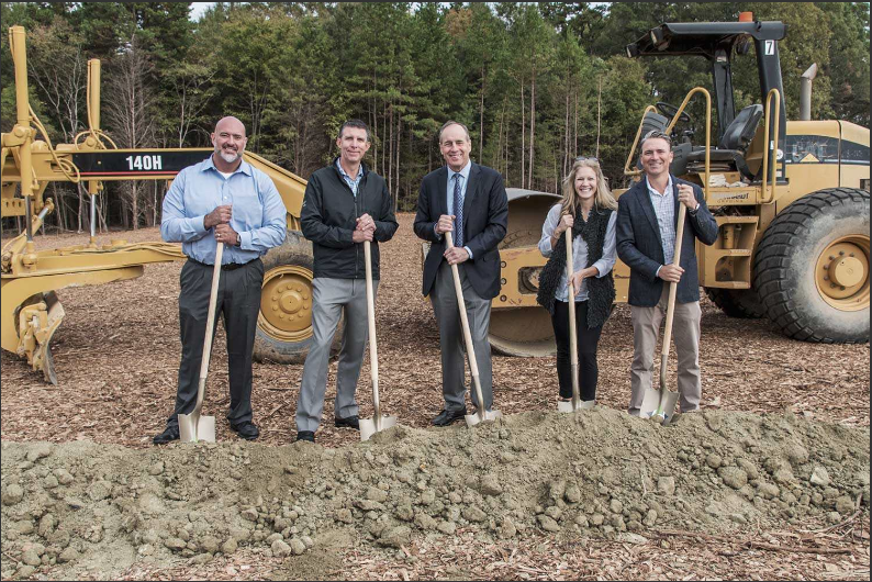 TRI Pointe Homes Carolinas recently broke ground on one of three new neighborhoods in Farmington, a new master-planned community by MPV Properties in Harrisburg, N.C. Pictured from left to right: Cisco Garcia, VP of land acquisition at TRI Pointe Homes Carolinas; Gray Shell, president at TRI Pointe Homes Carolinas; Jim Merrifield, managing partner at MPV Properties; Margaret Puckett, land acquisition manager at TRI Pointe Homes Carolinas; Justin Holofchak, SVP of brokerage and development at MPV Properties.