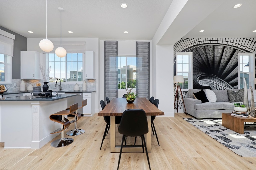 Interiors of Thrive Home Builders' Arista three-story rowhome located between Denver and Boulder, Colorado. The rowhomes are both EPA Indoor airPLUS certified and LEED certified, are solar-powered, and start at $470,900.