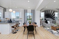 Interiors of Thrive Home Builders' Arista three-story rowhome located between Denver and Boulder, Colorado. The rowhomes are both EPA Indoor airPLUS certified and LEED certified, are solar-powered, and start at $470,900.