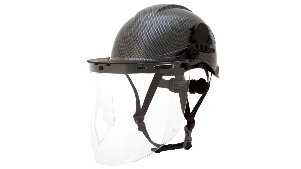 The Ridgeline XR7 by Pyramex Safety, shown here in black graphite with a face shield attachment.