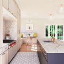 A kitchen featuring Cambria’s Clovelly quartz surfacing pattern, one of 20 introduced to mark the manufacturer’s 20th anniversary.