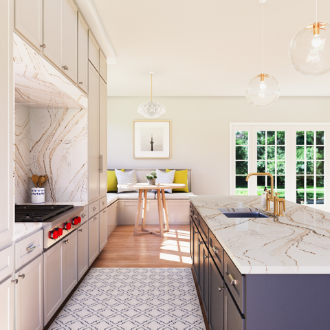 A kitchen featuring Cambria’s Clovelly quartz surfacing pattern, one of 20 introduced to mark the manufacturer’s 20th anniversary.