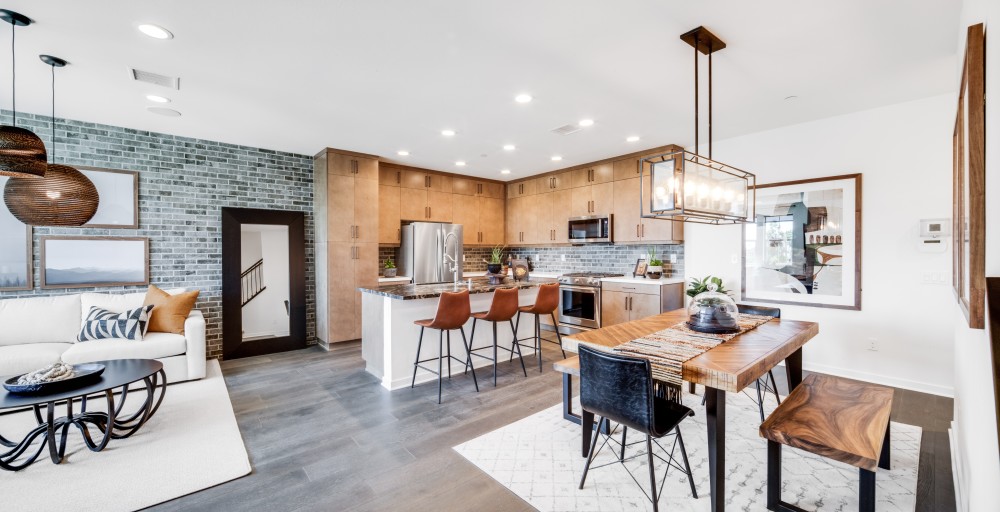 The kitchen area in the Copperleaf home at Landsea’s IronRidge master-planned community.