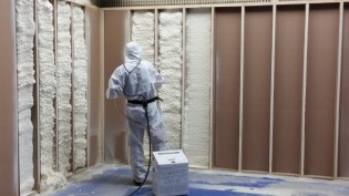 Icynene-Lapolla’s new low-pressure spray polyurethane foam, shown here applied in a wall cavity.