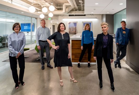 From left, Jill Williams (KTGY, chairman of the board); Chris Texter (KTGY, principal); Gina Deary (Simeone Deary Design Group, co-founder); Tricia Esser (KTGY, CEO); Lisa Simeone (Simeone Deary Design Group, co-founder); and David Senden (KTGY, principal).