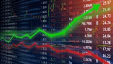 Investing and stock market concept gain and profits with faded candlestick charts.