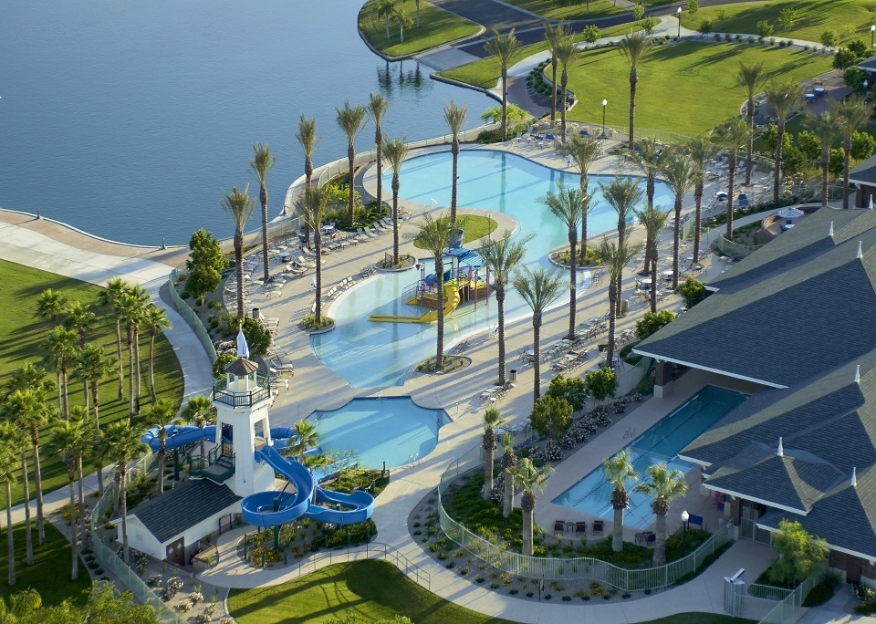 The Estrella master plan in Goodyear, Arizona, features a wealth of outdoor amenities, including resort-style pools, a waterpark, and 72 acres of lakes.