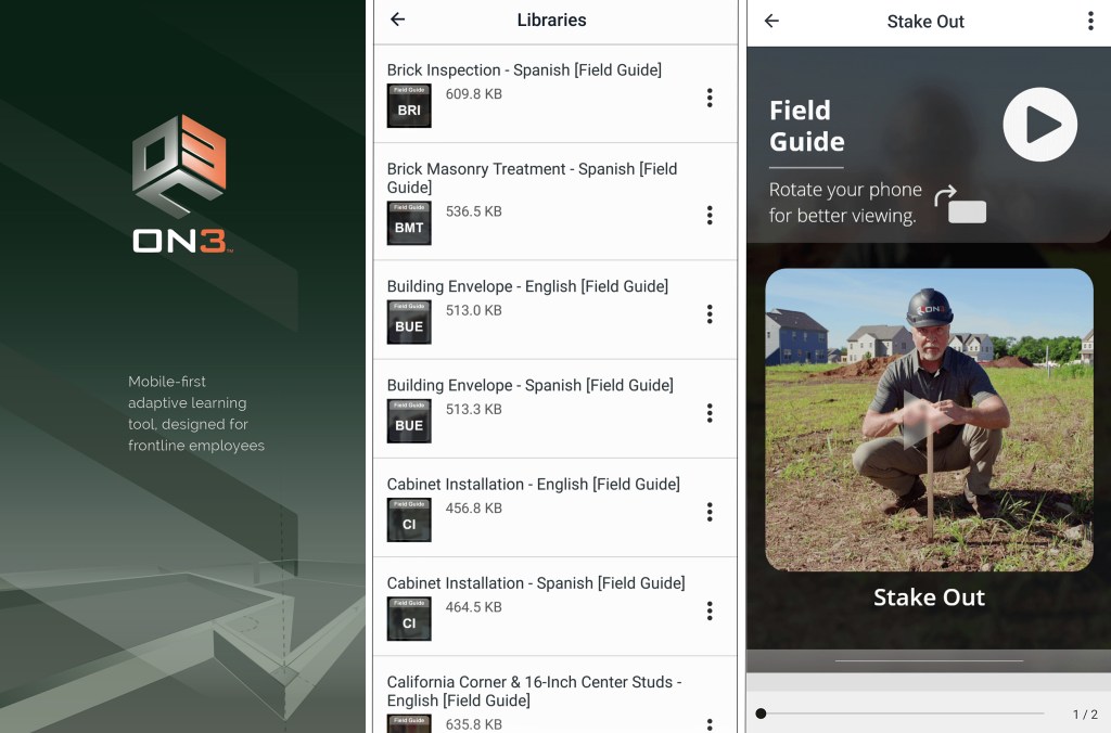 Subscribers to the program can get started right away by choosing from searchable libraries of materials organized in “field guide” videos. These can be used as field references or curated into learning modules that combine video instruction with learning objectives, flash cards, and quizzes. Companies using this as a training tool for employees can train on what’s needed, including creating their own video content with On3 support.
