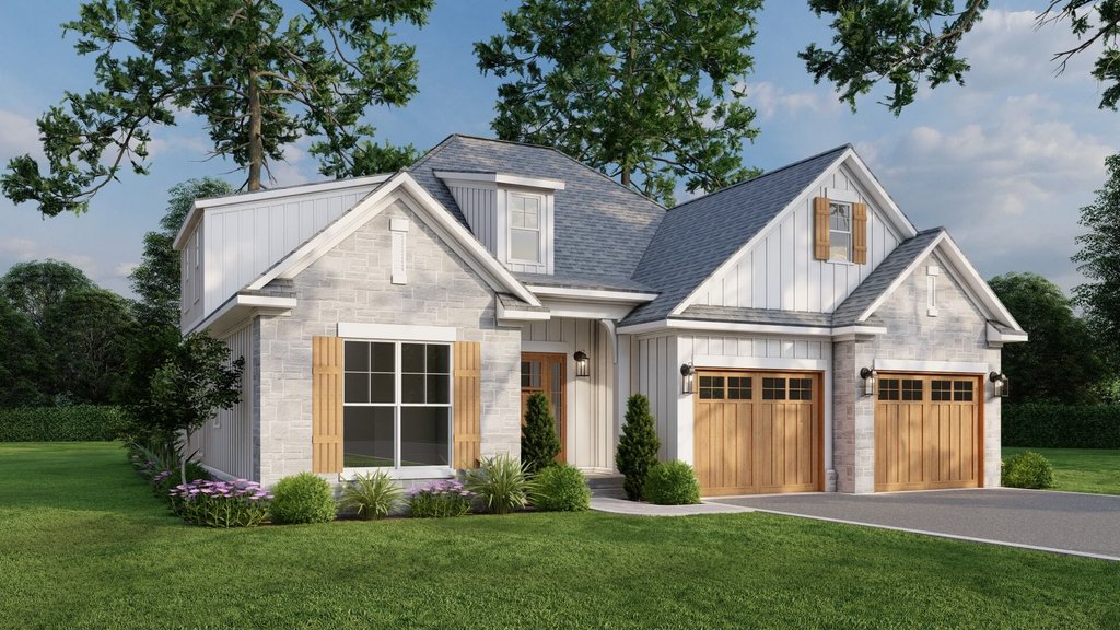 Mid-Size House Plan with Front-Facing Garage, Front Exterior. See Details at Houseplans.com.