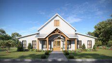 1 story barndominium plan front exterior. See more details at Houseplans.com.