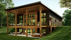 Modern house plan with deck, rear exterior. See details at Houseplans.com.