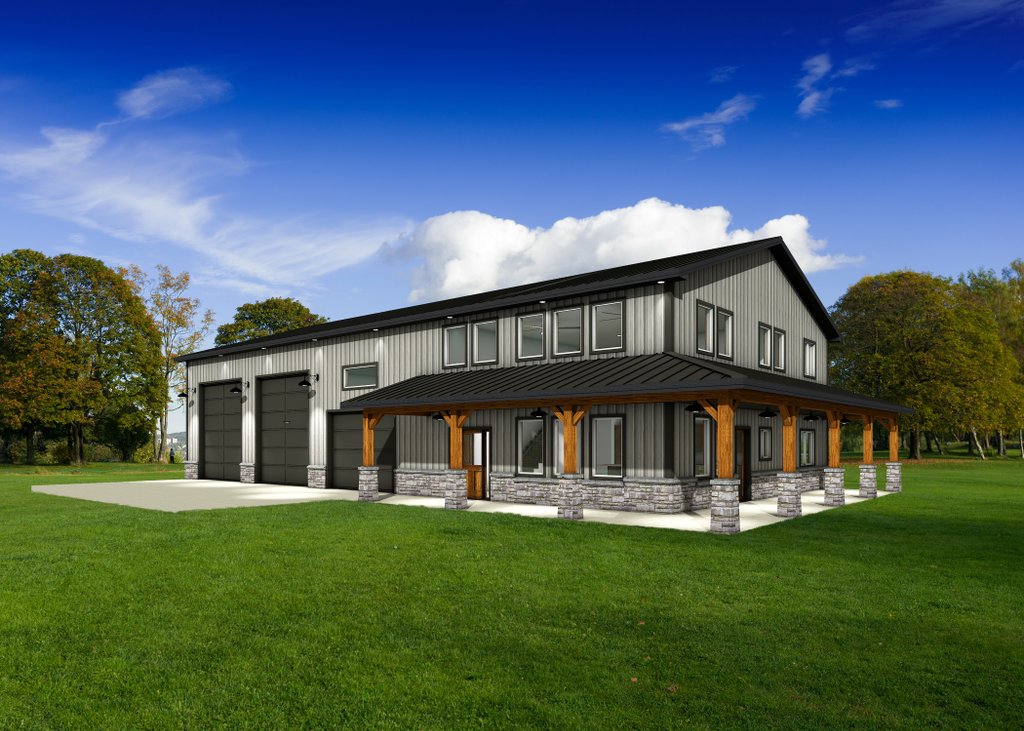 Barndominium plan with wraparound porch front exterior. See details at Houseplans.com.
