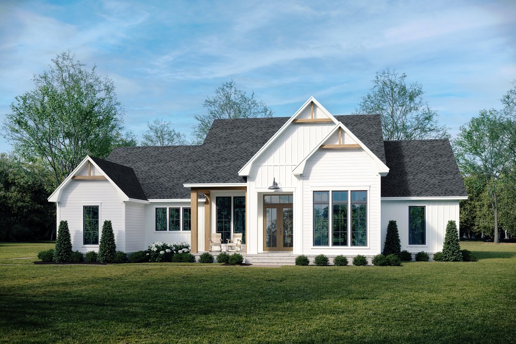 Modern farmhouse plan with 2,397 sq. ft., front exterior. See details at Houseplans.com.