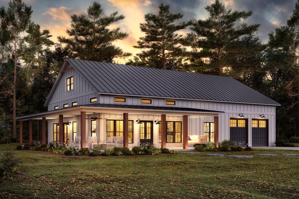 Barndominium plan with 2,000 sq. ft., front exterior. See details at Houseplans.com.