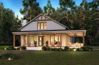 Barndominium plan with simple footprint, front exterior. See details at Houseplans.com.