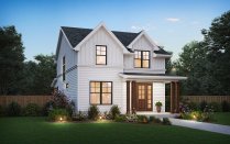 Modern narrow-lot farmhouse plan, front exterior. See details at Houseplans.com.