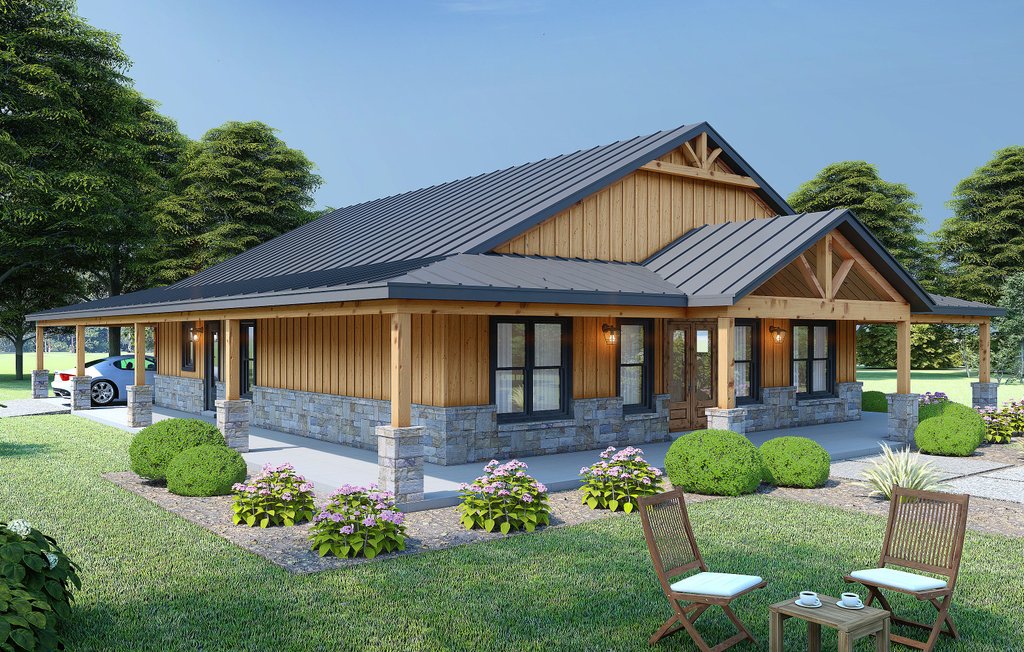 Simple house plan with two main bedrooms, front exterior. See more details at Houseplans.