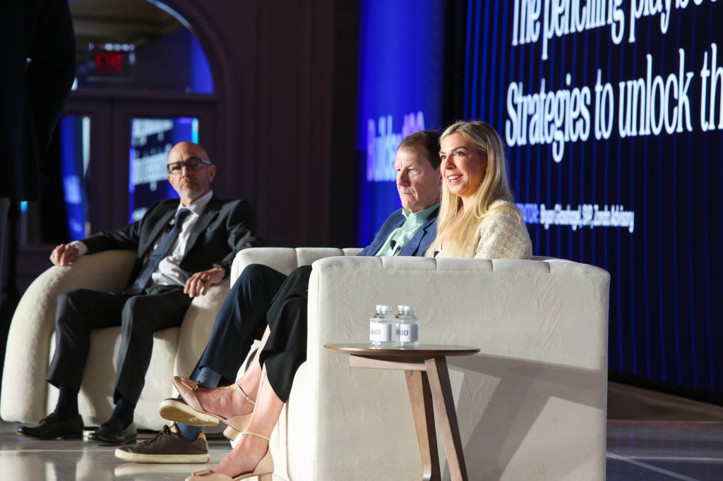 From left, Tony Avila, Builder Advisor Group; Bird Anderson, Wells Fargo; and Kate Kaminski, Walton Global, discuss land, capital, and build-to-rent during “The Penciling Playbook: Strategies to Unlock the Deal” panel at the Builder 100 Conference.
