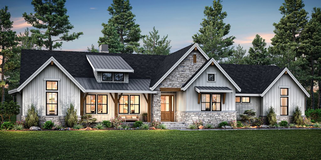Craftsman farmhouse plan with big garage, front exterior. See interior views at Houseplans.