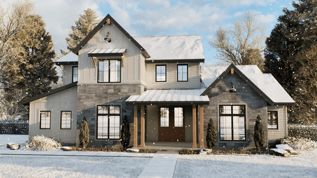 Farmhouse plan with four bedrooms, front exterior. See more views at Houseplans.