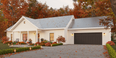 Starter ranch home design with porch, front exterior. See details at Houseplans.