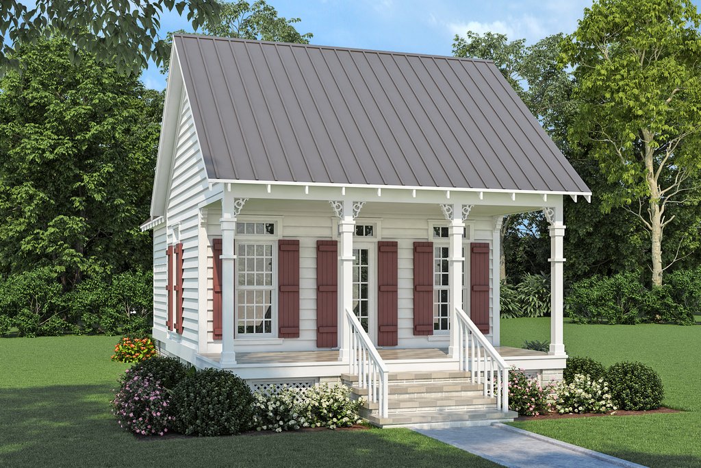 Tiny house plan with front porch, front exterior. See interior views at Houseplans.