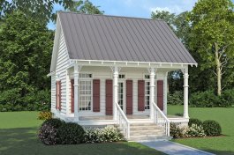 Tiny house plan with front porch, front exterior. See interior views at Houseplans.