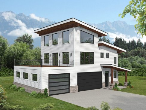 Small modern house plan, front exterior. See Houseplans for more details.