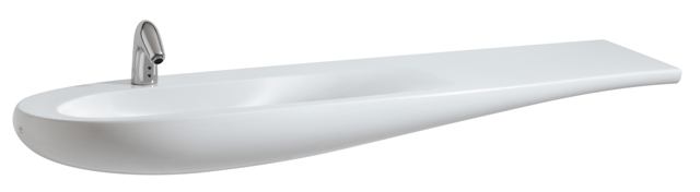 A partnership between Laufen and Alessi, the IlbangoAlessi One is a collection of innovative washbasins and furniture pieces that experiment with new shapes and ingenious functions. Ceramic pieces, such as this countertop washbasin, come standard with a grime-deflecting coating. It may come with or without the tap holes for wall-mount faucets. 
www.laufen.com.
