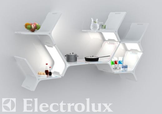 Elements Modular Kitchen is an all-in-one wall-mounted appliance that provides flexible modes of cooking, refrigeration, air conditioning, lighting, and environmental design while reducing space. The appliance draws power wirelessly through technology applied to the wall, which is supplemented through solar energy as required.