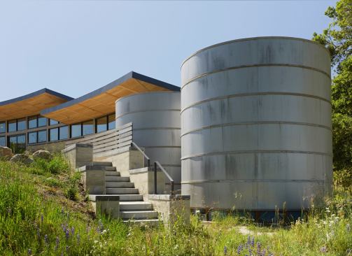 The 27,300-gallon rainwater collection system accommodates all of the property's irrigation needs.