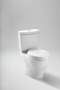 Aquia II is constructed from two pieces but has the look of a one-piece unit. It has a fully glazed 2 1/8-inch trapway, a Dual-Max flushing system that uses 1.6 gallons or 0.9 gallons. It comes in five colors and costs $475. Toto USA. 
www.totousa.com.