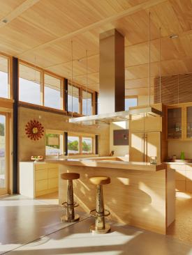 The kitchen includes Energy Star-rated appliances, custom cabinetry made with FSC-certified white oak, and recycled-content composite quartz countertops.