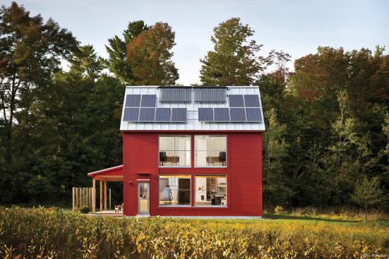 Large triple-glazed R-5 windows from German manufacturer EGE take full advantage of southern sunshine during Maine's clear but cold winters. Thanks to its passive solar orientation and ultra-tight building evelope, the home's traditional heating system was drastically simplified to just a small amount of electric baseboard units controlled by individual thermostats.