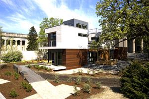 Products on the Smart Home's exterior include Pella's Designer Series windows with dual-pane low-E glass; Pella's motorized skylight; WallShield rain screen from Vapro; FSC-certified Ipe siding from Iron Woods; and Cembonit fiber-cement siding.