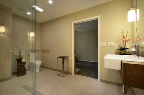 The wide doorway is suitable for a wheelchair or a walker. 