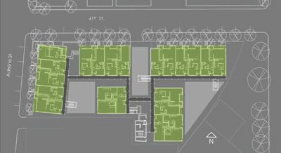 The buildings, which house a combination of flats, town-homes, and lofts (62 units in all), are clustered to create an outdoor courtyard. Underground structured parking includes 10 electric car–charging stations and 46 spaces for bicycles