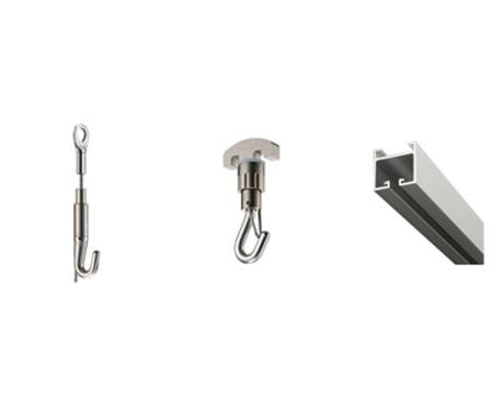 Takiya  The Japanese hardware company offers a more architectural way to hang art or other products in the home. Its Koreder Line picture rail system consists of architectural grade aluminum rails, and stainless steel hooks and wires. It’s rated for various loads. 
www.takiya.com.