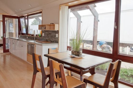 The open kitchen is surprisingly spacious and bright.