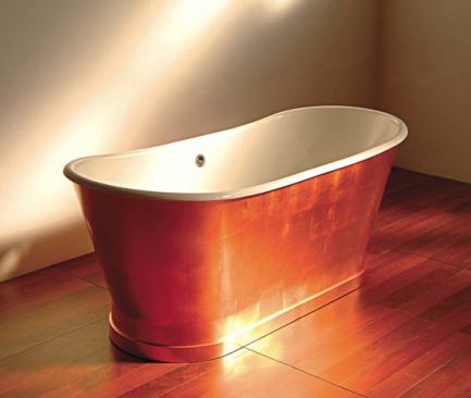 The Piedmont #874 freestanding tub retails for a mere $7,500 (compared to the Diamond Spas Atocha), mainly because it’s constructed from copper leaf applied over cast-iron steel with a vitreous porcelain interior. It will be available July 1. Sunrise Specialty. 
www.sunrisespecialty.com.