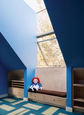 Architect David Dowell, AIA, turned a small attic into a child’s bedroom by raising its recessed roof and adding a glassy dormer to let light in and offer a private nook to read or play.  Residential Architect, March-April 2012  
Tyler Residence, Leawood, Kan.  el dorado, Kansas City, Mo.
