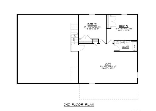 Barndominium plan with simple footprint, upper level. See details at Houseplans.com.