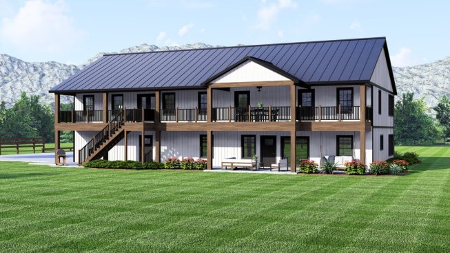 Barndominium plan with in-law apartment, back exterior. See details at Houseplans.