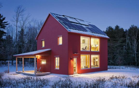 With a HERS rating of 20, the GO Logic Home by Matthew O’Malia is a Passive House–certified building in Belfast, Maine. It uses SIPs and timber framing.