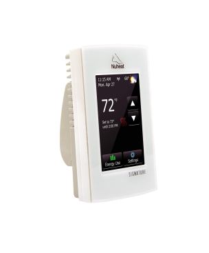 Nuheat Signature is a Wi-Fi enabled programmable thermostat that’s compatible with any electric in-floor heating system that uses a 10K ohm sensor. The device offers touchscreen operation and displays floor warming features, energy use, outdoor weather information, and more. Users also can operate the thermostat or view energy use remotely via the Nuheat Signature App. 