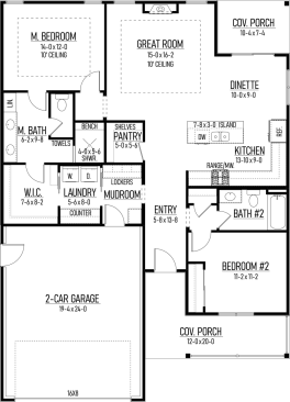 Small farmhouse plan with garage, floor plan. See details at Houseplans.