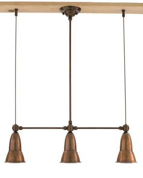The Sunset three-light exterior pendant comes in aged brass and features aged copper shades; it is also available in a brushed silver finish. The pendant is 24-inches wide and 30-inches tall, with customizable suspension heights.