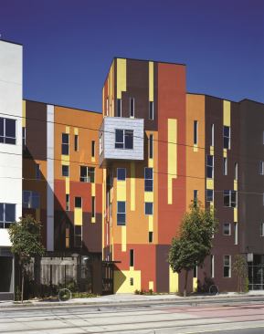 The project’s bright colors, inspired by African batik fabrics, make the building’s fa&ccedil;ade quilt-like and the public spaces cheerful. 
Project: Armstrong Place, San Francisco; 
Architect: David Baker + Partners, San Francisco; 
Builders: Nibbi Brothers General Contractors, San Francisco; Roberts Obayashi Corporation, Danville, Calif.