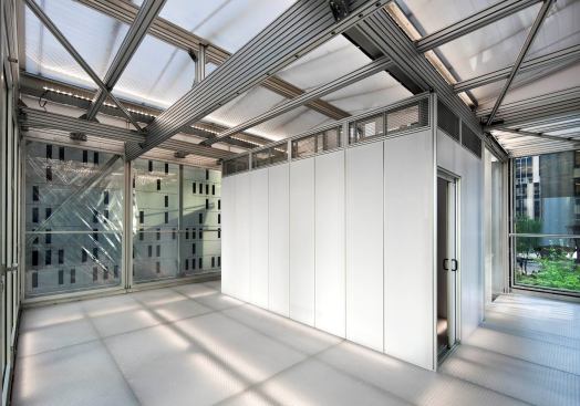 The modular design alllows for easy changes in the floor plan because different cubes can be moved around.