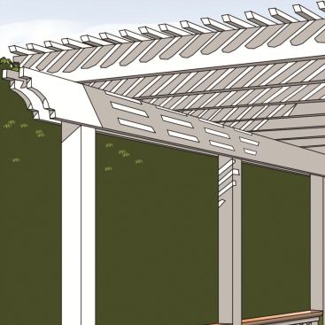 2. Shade Spacing An arbor’s topmost lath pieces, milled from ripped 2x4s and installed on 6-inch centers, cast partial shade on a deck. The lath also contributes to the arbor’s strength and helps restrain the joists. To prevent bowing and twisting at their ends, lath pieces should extend no more than 4 to 5 inches beyond the edges of the outermost joists.
